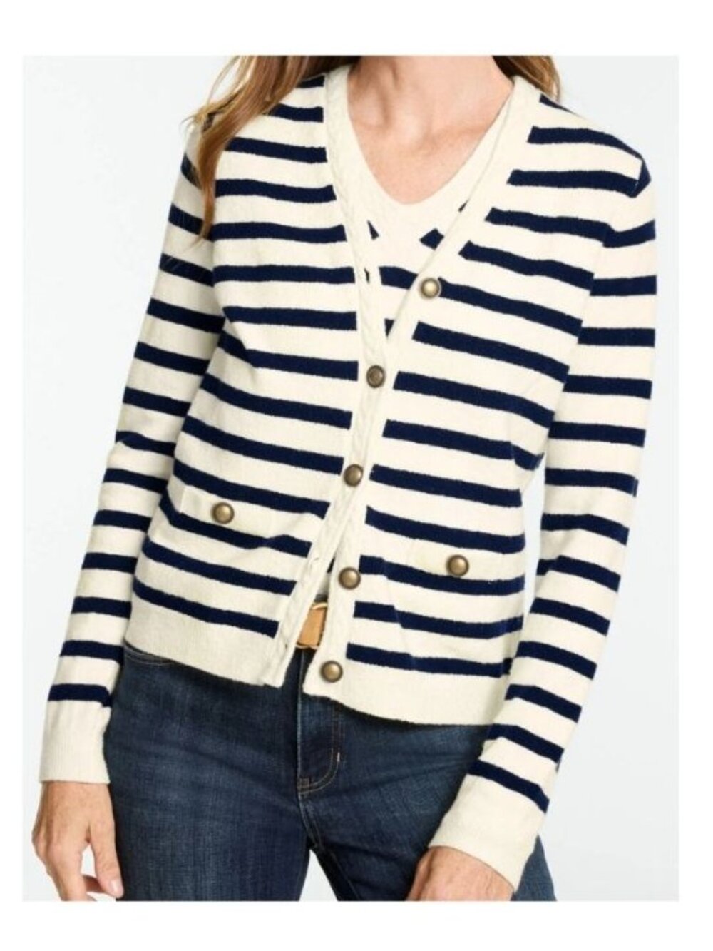 NWT TALBOT'S Cable SOFT Knit V-Neck Cardigan IVORY/INDIGO BLUE NEW $129 SZ MP